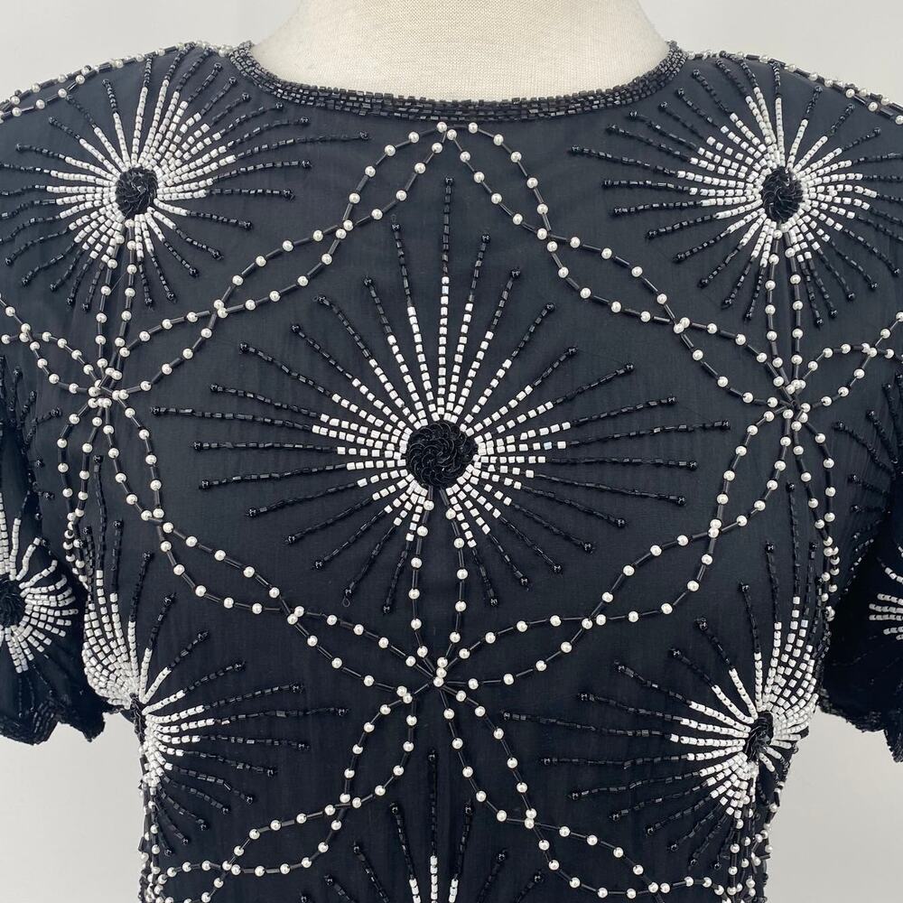 Vintage Scala Pure Silk Beaded Pearl Top Short Sleeve Black White Womens size XL - Picture 3 of 13